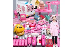 Children&apos;s doctor toy set tool medical box&comma; pink sound and light medical car 75-piece set 5 functions &plus; nurse uniform