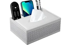 Multifunctional PU Leather Tissue Box Cover Stationery Napkin Remote Control Holder Storage Box&comma; Kleenex Box Desk Storage Box Home Office Supplies &lpar;White&rpar;