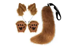 Faux Fur Wolf Ears Headband Fox Tail and Paw Gloves Set Cosplay Halloween Costume Accessories&lpar;Brown&rpar;