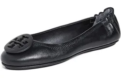 Tory Burch Women&apos;s Minnie Travel Ballet Flats Black Leather with Black Logo Shoes