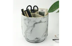 Round Leather Art Supplies Storage Box&comma; Remote Control Holder&comma; 360 Degree Rotation&comma; Multifunctional Pen Holder&comma; 3 Compartments Desktop Stationery Storage Box &lpar;White&rpar;