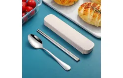 1010 Stainless Steel Western Food Fork Picnic Portable Outdoor Tableware Chopsticks Spoon Set Student Storage Box 3-piece set of wheat beige &lpar;chopsticks &plus; spoon &plus; box&rpar;