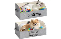 2 Pack Large Collapsible Pet Toy Box Trapezoid Pet Toy Storage Basket with Handle Grey Thicker Toy Storage Bin Bed for Organizing Pet Toys Treats Clothes and Accessories(Cat and Dog)