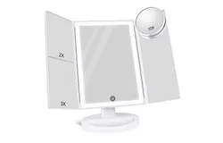 Makeup Vanity Mirror with 22 LED Lighting and Touch Screen&comma; Tri-Fold 1x 2X 3X Magnification&comma;180° Adjustable Rotation&comma;Battery and USB Powered&comma;Countertop Cosmetic Mirror &lpar;White&rpar;