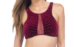 Kenneth Cole Stripe Mesh High Neck Bikini Top In Burgundy Velvet