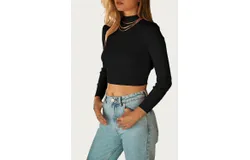 Endless Blu&period; Cropped Open-Back Mock Neck Sweater In Black
