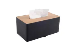 High-End PU Leather Tissue Box Holder Two Color Combinations - Linen and Wood Grain&comma; Rounded Rectangular Napkin Box Dispenser for Home Bathroom Vanity Office Car Tissue Cover &lpar;Black&rpar;