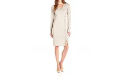 Calvin Klein Glitter Sheath Knit Lace Up Sweater Dress In Gold
