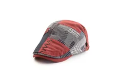 Unisex Fashion Spring Patchwork Striped Flat Visor Newsboy Cap Beret Hat -Red