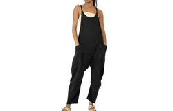 Women&apos;s Loose Sleeveless Suspender Jumpsuit Loose Long Jumpsuit Harem Pants Overalls Overalls Suit Pockets &lpar;Black&rpar;
