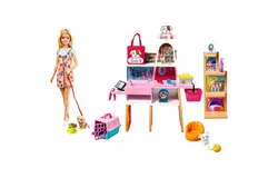Barbie Doll &lpar;11&period;5-in Blonde&rpar; and Pet Boutique Playset with 4 Pets&comma; Color-Change Grooming