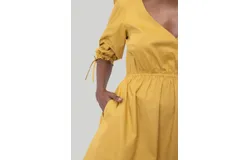 Gathered Elbow Sleeve Short Dress in Mustard