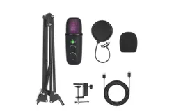 USB Microphone Kit&comma; Condenser Microphone Podcast Microphone Kit with Noise Canceling and Headphone Monitoring RGB Colorful Light with Mount and Support Post for Streaming Recording&comma; Windows