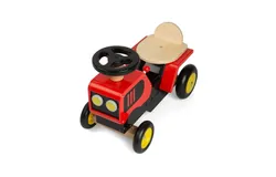 Bigjigs Toys Paseo de madera en tractor rojo&comma; bocina chirriante y palanca de cambios móvil