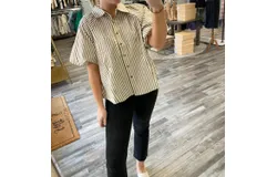 &merci Striped Bubble Sleeve Button Down Shirt In Brown