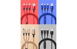 Nylon braided one-to-three data cable multi-head 3A fast charging three-in-one mobile phone charging cable-blue