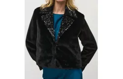 Joseph Ribkoff Faux Fur Jacket With Sequin Trim In Black