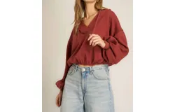 Project Social T Samson Bubble Hem V-Neck Hoodie In Desert Clay