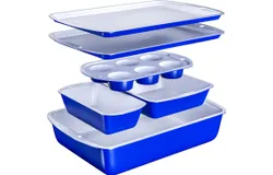BAKKEN 6-Piece Kitchen Baking Pan Set - Royal Blue Color with Gray Ceramic Nonstick Coating&comma; Commercial Grade Carbon Steel Bakeware&comma; Baking Essentials&comma; PFOA&comma; PFOS&comma; PTFE Free&comma; Oven Safe &lpar;Up to 450° F&rpar;