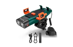 5in1 LED Bike Front Bracket Lamp Horn Mobilephone Holder Warning Bell Powerbanks MTB Bike Flashlight USB Rechargeable Cycling Accessories with 5 Alarm Sound Effects