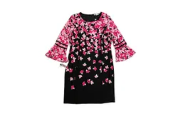 Calvin Klein Shift Dress With Pink Floral Print And Flare Sleeves In Black