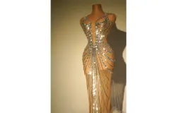 Fashion See Through Dress Sexy Mesh Rhinestones Sequin Dress Fringe Elegant Mermaid Party Birthday Drag Queen Festival Outfit Sliver&comma;L