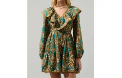 Sugarlips Floral Ruffle V Neck Mini Dress In Emerald Multi