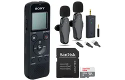 Sony ICD-PX370 Digital Voice Recorder &plus; Vidpro 2-Person Wireless Lavalier Microphone Set 60 ft Range 2&period;4GHz 3&period;5mm Plug TTRS Lightening and USB-C Adapter for Cameras&comma; iPhone Samsung Smartphones &plus; SanDisk 128GB Ultra UHS-I microSDHC Card w&sol; SD Adapter