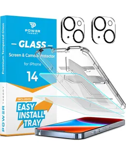 Protector de pantalla Power Theory [2+2] diseñado para iPhone 14 con protectores de lente y kit de instalación fácil [vidrio templado premium]