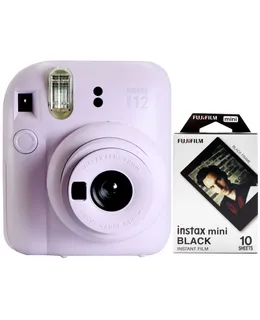 Cámara de Película Instantánea FUJIFILM INSTAX MINI 12 (Lila Púrpura) + Película Instantánea FUJIFILM Instax Mini (Negro, 10 Exposiciones)