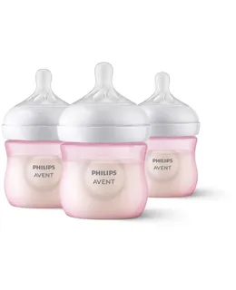 Botella Bebé Philips AVENT Natural con Tetina Natural Response, 0m+, Flujo 2, 4 Oz, Rosa, Paquete de 3