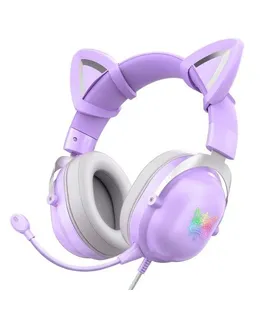 Auriculares de Juego Onikuma X11 RGB con Micrófono y Banda para la Cabeza con Orejas de Gato (Desmontable)-púrpura
