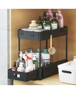 Organizador de Dos Niveles para Bajo Fregadero y Baño, Organizador de Armario Deslizante para Almacenamiento del Fregadero de la Cocina, Negro