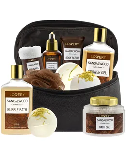 Kit de Spa de Lujo Lovery para Hombre - Set de Baño de Sándalo - Kit de Cuidado Personal en Bolsa de Cuero Marrón