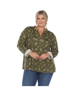 Blusa de Manga Larga con Estampado de Hojas a Pleats de Talla Plus