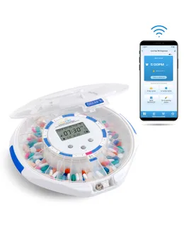 Dispensador Inteligente WiFi Automático LiveFine, Organizador de Pastillas de 28 Días con Clave de Bloqueo y Aplicación - Tapa Clara