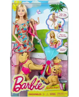 Barbie Strollin Pups Playset Muñeca Interactiva Carrito de Perros