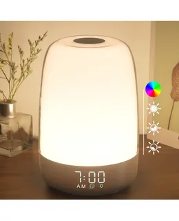 Lámpara de noche con alarma de simulación de salida del sol táctil, lámpara de cabecera de luz blanca cálida ajustable en 3 formas para dormitorios de niños, lámpara de noche de mesa de nochestand ambiental RGB