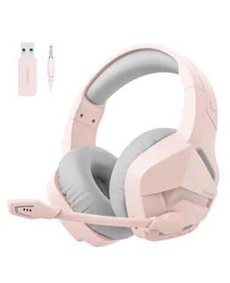 Auriculares de Juego Inalámbricos BINNUNE para PC PS4 PS5, Auriculares de Juego Inalámbricos USB de 2.4G Bluetooth con Micrófono para Ordenador Portátil-rosa
