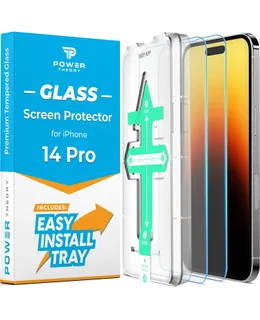 Protector de Pantalla de Vidrio Templado Premium Power Theory para iPhone 14 Pro, Incluye Bandeja de Instalación Fácil, Paquete de 2