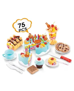 Juego de Pastel de Cumpleaños Azul de Juguetes de Cocina de 75 Piezas de Plástico