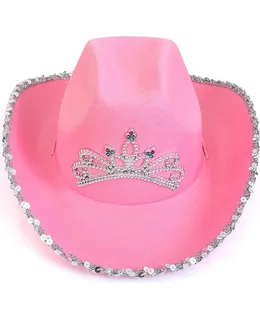 Sombrero de Vaquera Rosa Skeleteen - Sombrero de Vaquera Princesa con Diseño de Corona y Tiara de Lentejuelas Rosa