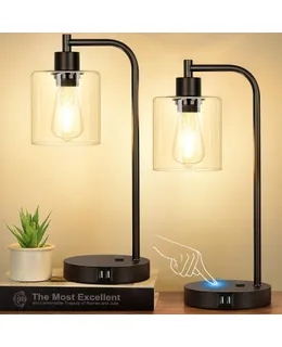 Juego de 2 Lámparas de Noche Industriales con Control Táctil y 2 Puertos USB y Toma de Corriente - Lámparas de Noche Ajustables en 3 Niveles de Brillo para Mesa de Noche, Habitación y Sala de Estar, con 2 Bombillas LED Incluidas