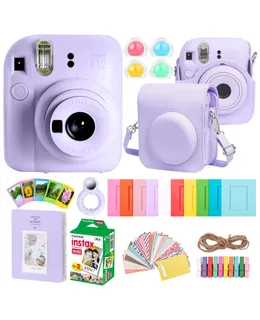 Cámara de Película Instantánea FUJIFILM INSTAX MINI 12 (Lila Púrpura) + Kit de Accesorios Completo para Fujifilm Instax Mini 8/9/11/12? Caja Protectora de la Cámara, Álbum de Fotos, Marcos, Adhesivos y Filtros de Lente (Púrpura) + Paquete de Película Mini Instax Fujifilm 2x10