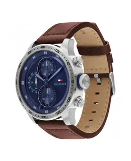 Reloj Tommy Hilfiger para Hombre | Colección Trent | Modelo 1791807 | Caja Redonda | Ø 46mm Acero Inoxidable | Cierre Hebilla | Movimiento Cuarzo | Dial Azul | Cristal Mineral | Correa Cuero Café | 50m / 5 ATM | Línea de Lujo