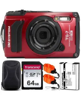 Cámara Digital OM SYSTEM Tough TG-7 (Roja) + Tarjeta de Memoria Transcend 64GB SDXC Clase 10 UHS-1 Hasta 45MB/s (TS64GSDU1E) + Funda Rígida para Cámara + 2x Correa de Espuma Flotante-Naranja