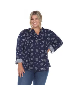 Blusa de Manga Larga con Estampado de Hojas de Talla Plus