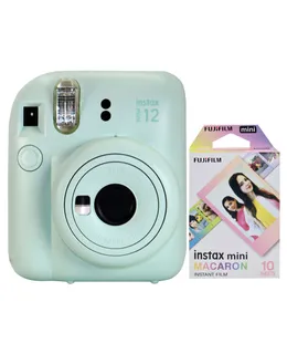 Cámara de Película Instantánea FUJIFILM INSTAX MINI 12 (Verde Menta) + Película Instantánea FUJIFILM Instax Mini (Macaron, 10 Exposiciones)