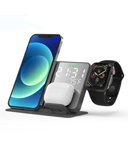 Cargador Inalámbrico 4 en 1 de 15W para Apple, Reloj LED Pantalla Digital Alarma Temperatura Soporte de Carga Inalámbrica para Teléfono Móvil y Auriculares