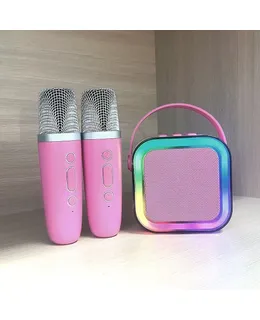 Mini Karaoke Glistenwing con 2 Micrófonos Inalámbricos y Cambiador de Voz, Altavoz Bluetooth Portátil con Luces para Todos los Smartphones Rosa Rosado